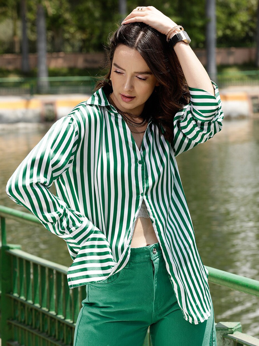 

STREET 9 Green & White Comfort Opaque Striped Longline Casual Shirt