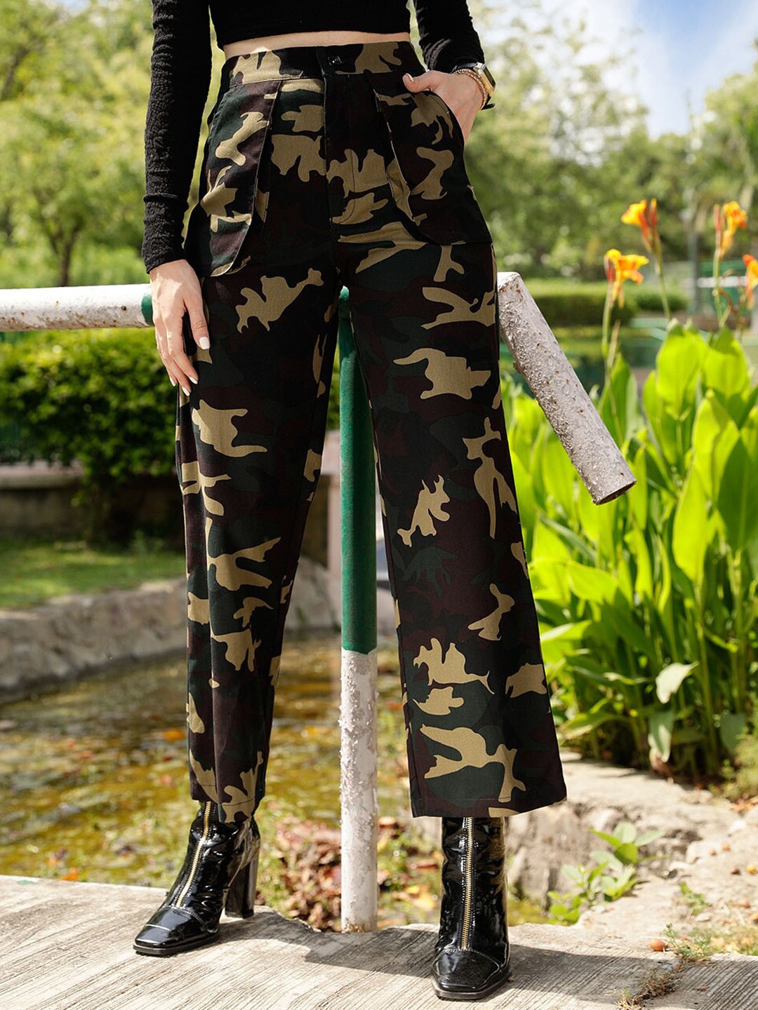 

STREET 9 Women Olive Green High-Rise Relaxed Straight Leg Camouflage Printed Trousers