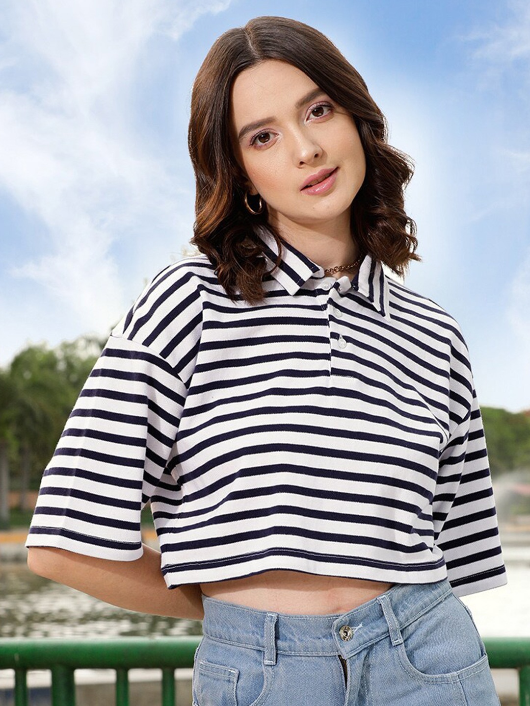 

STREET 9 Blue Striped Polo Collar Pure Cotton T-shirt