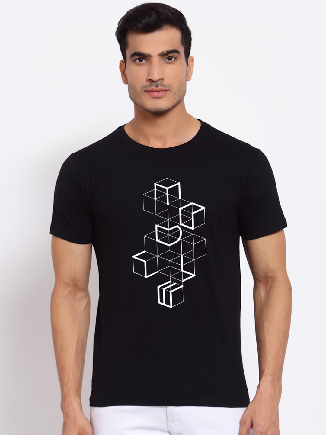 

FERANOID Geometric Printed Bio Finish Cotton T-shirt, Black