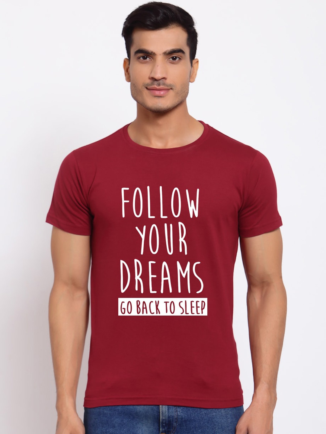 FERANOID Typography Printed Cotton Bio Finish T-shirt, Maroon