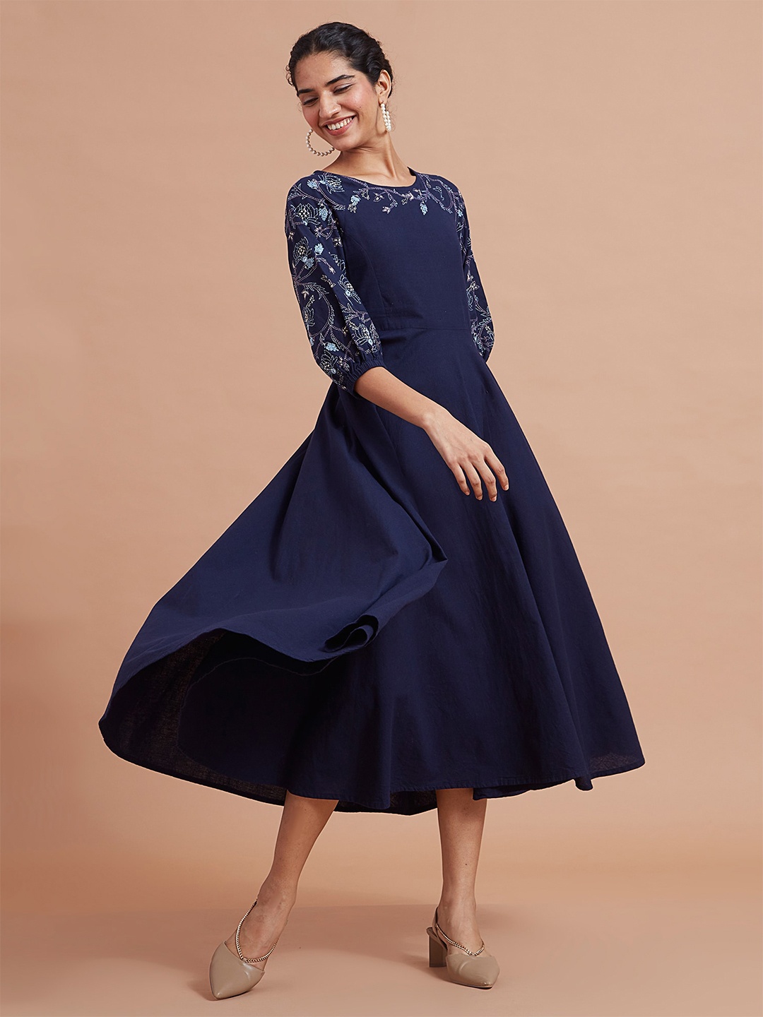 

OKHAI Pure Cotton Embroidered Round Neck Fit & Flare Midi Dress, Blue