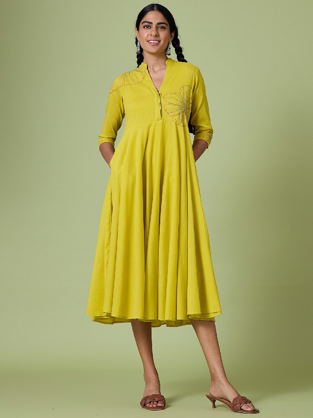 

OKHAI Pure Cotton Solid Embroidered Fit & Flare Midi Dress, Yellow