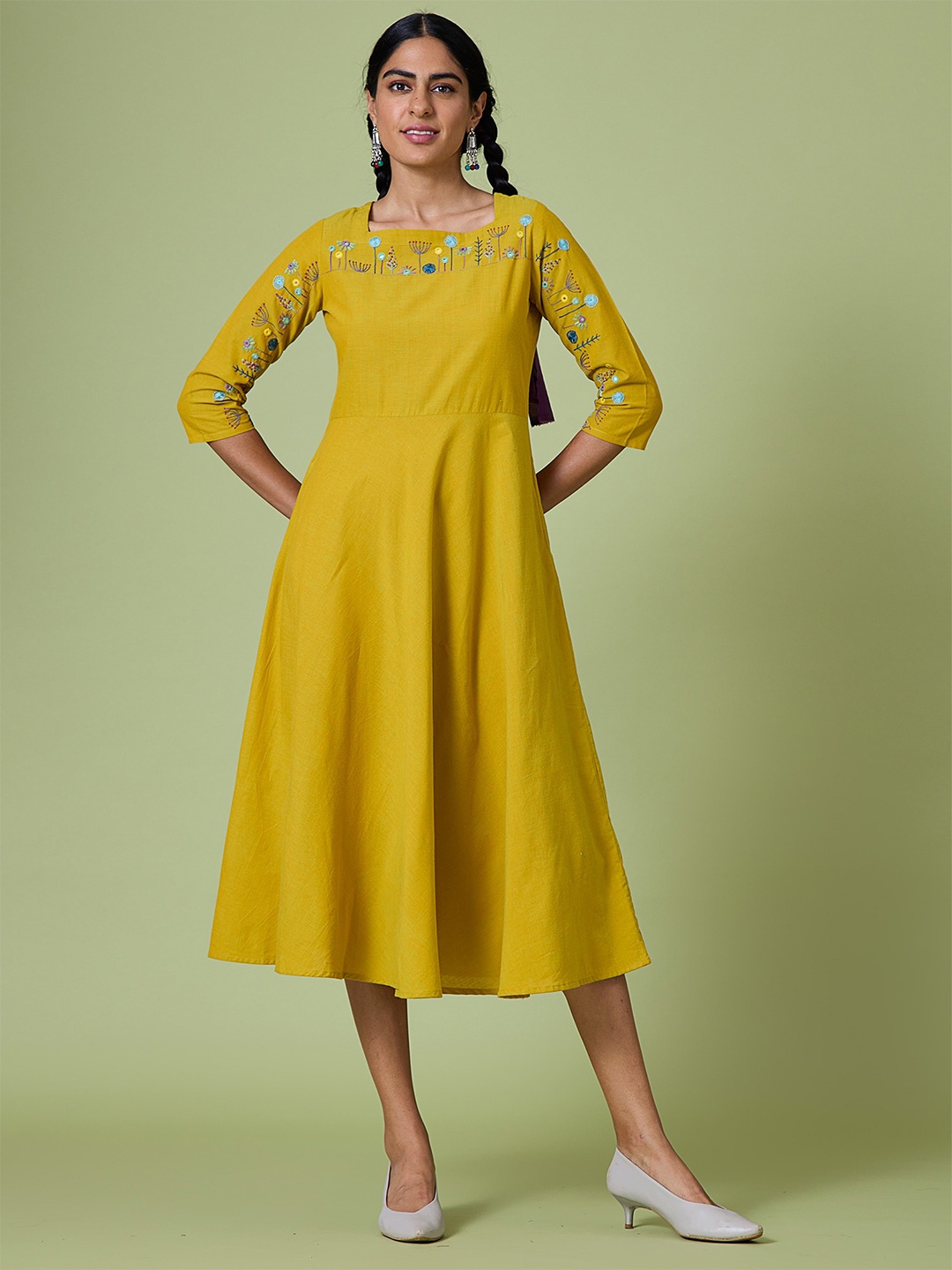 

OKHAI Floral Embroidered Cotton Fit & Flare Midi Dress, Yellow