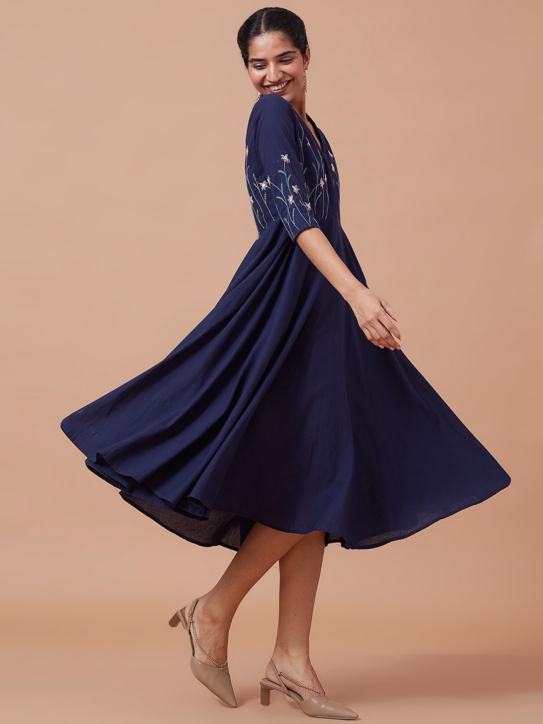

OKHAI Embroidered Fit & Flare Midi Dress, Blue