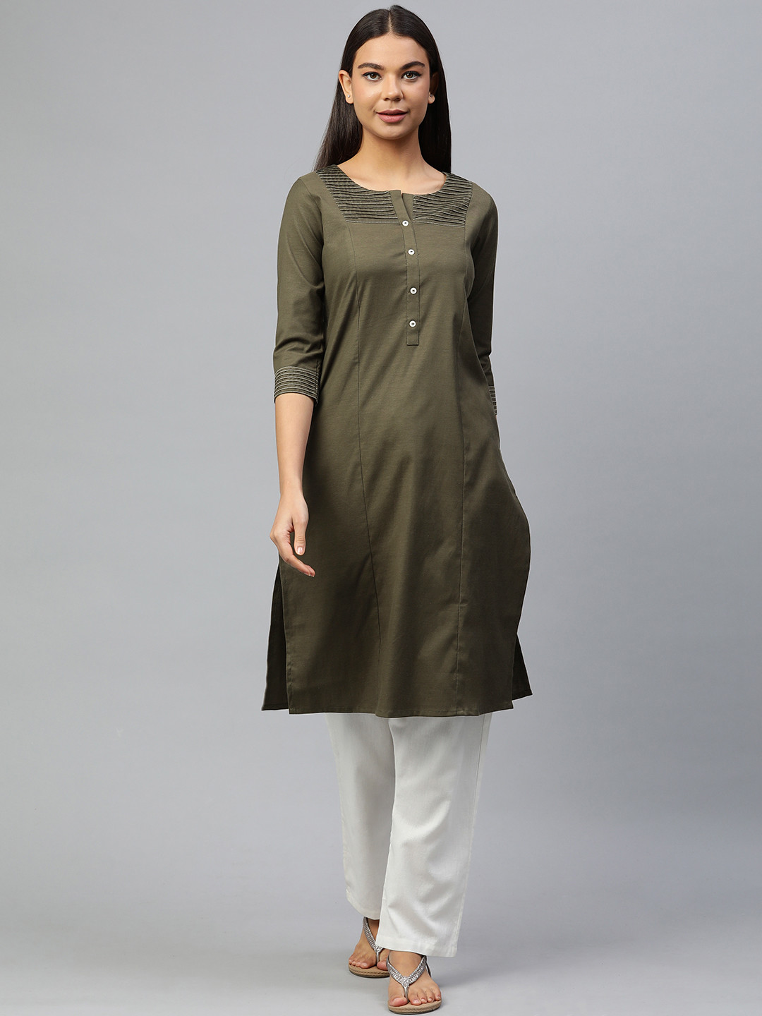 

ETIQUETTE Yoke Design Kantha Work Kurta, Olive
