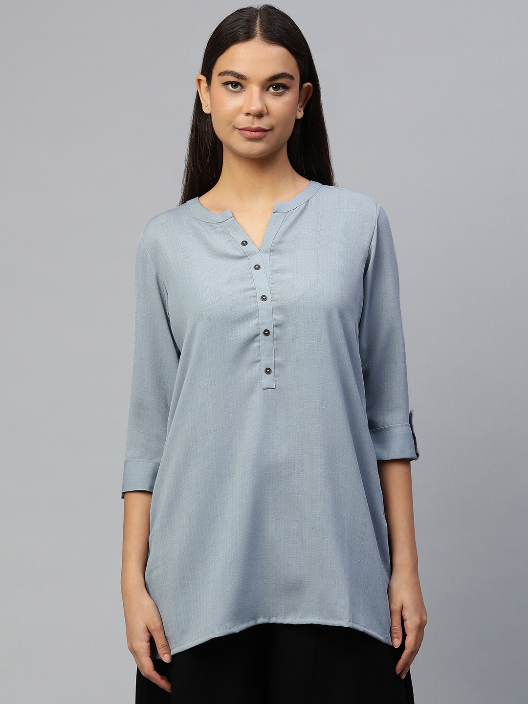 

ETIQUETTE Mandarin Collar Roll-Up Sleeves Kurti, Grey
