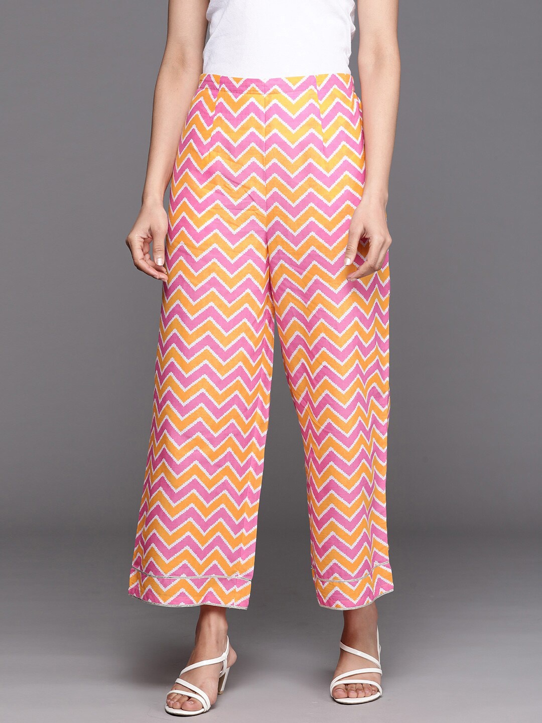 

Libas Women Pink & Yellow Geometric Printed Cotton Palazzos