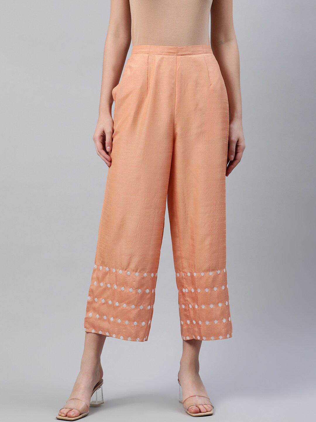 

Libas Women Orange & White Floral Hem Design Straight Cotton Palazzos