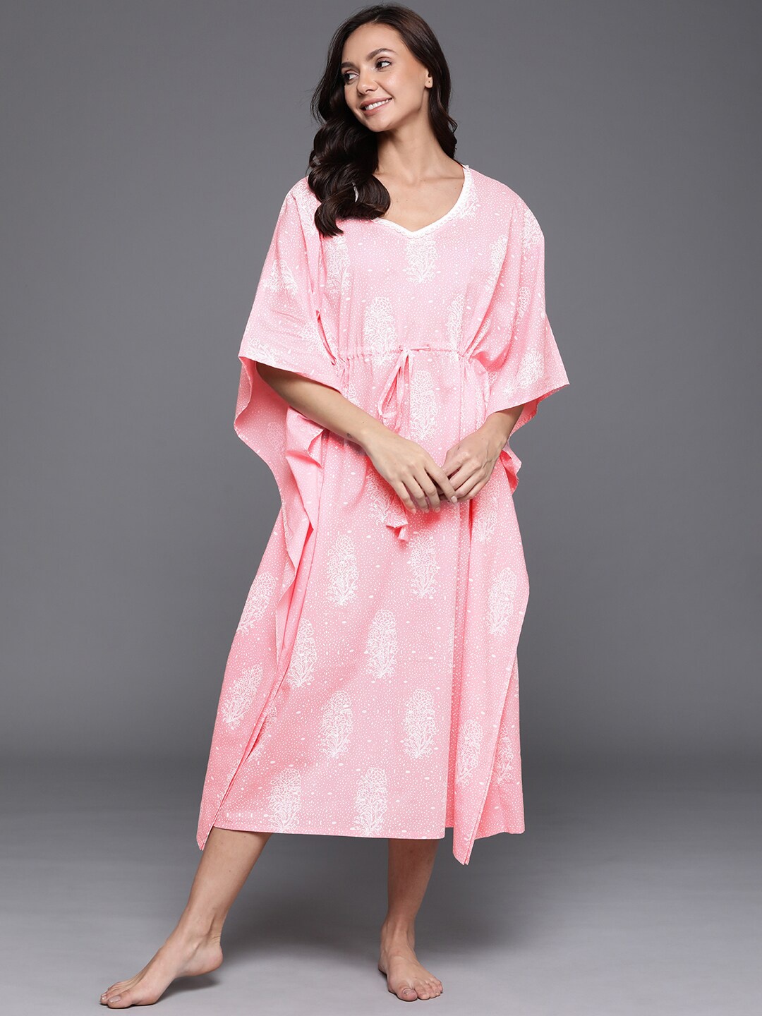 

Libas Pink Ethnic Motifs Printed Pure Cotton Kaftan Maxi Nightdress