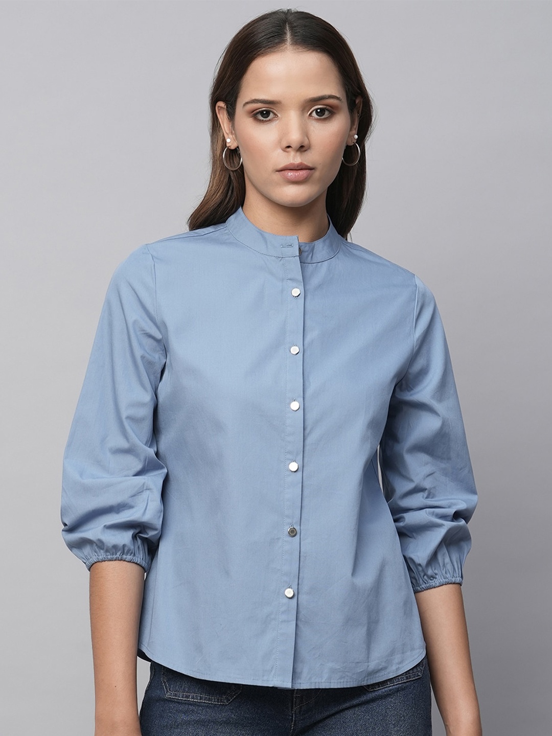 

Chemistry Mandarin Collar Puffed Sleeves Pure Cotton Shirt Style Top, Blue