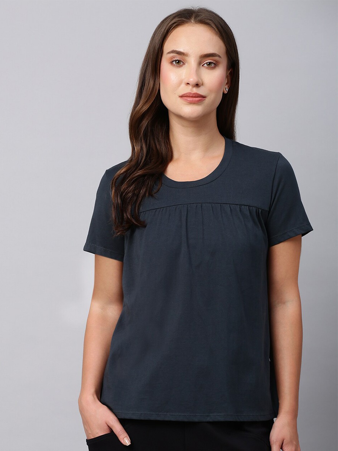 

Chemistry Round Neck Gathered & Pleated Pure Cotton Top, Grey