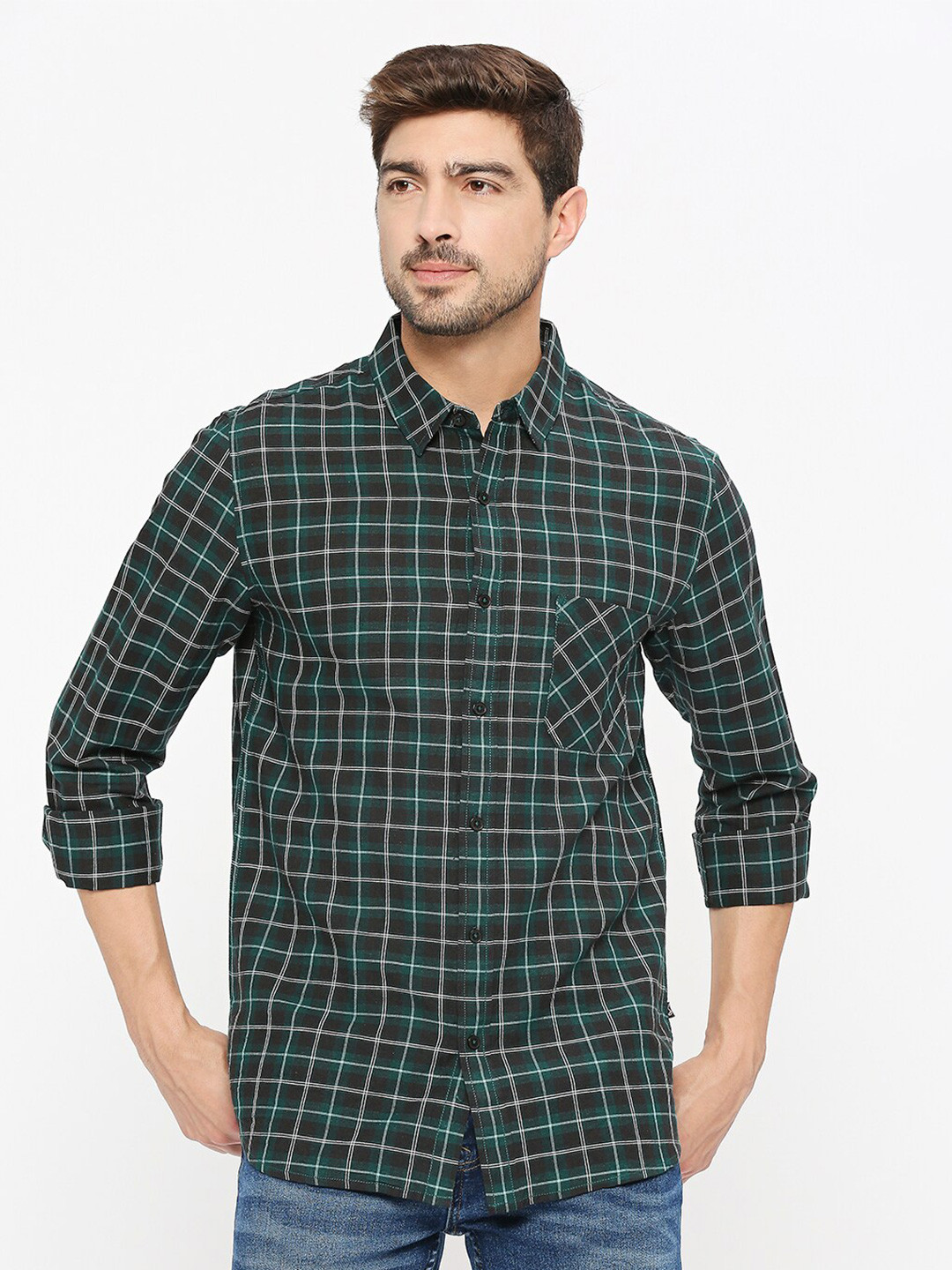 

Solemio Comfort Slim Fit Checked Casual Cotton Shirt, Green