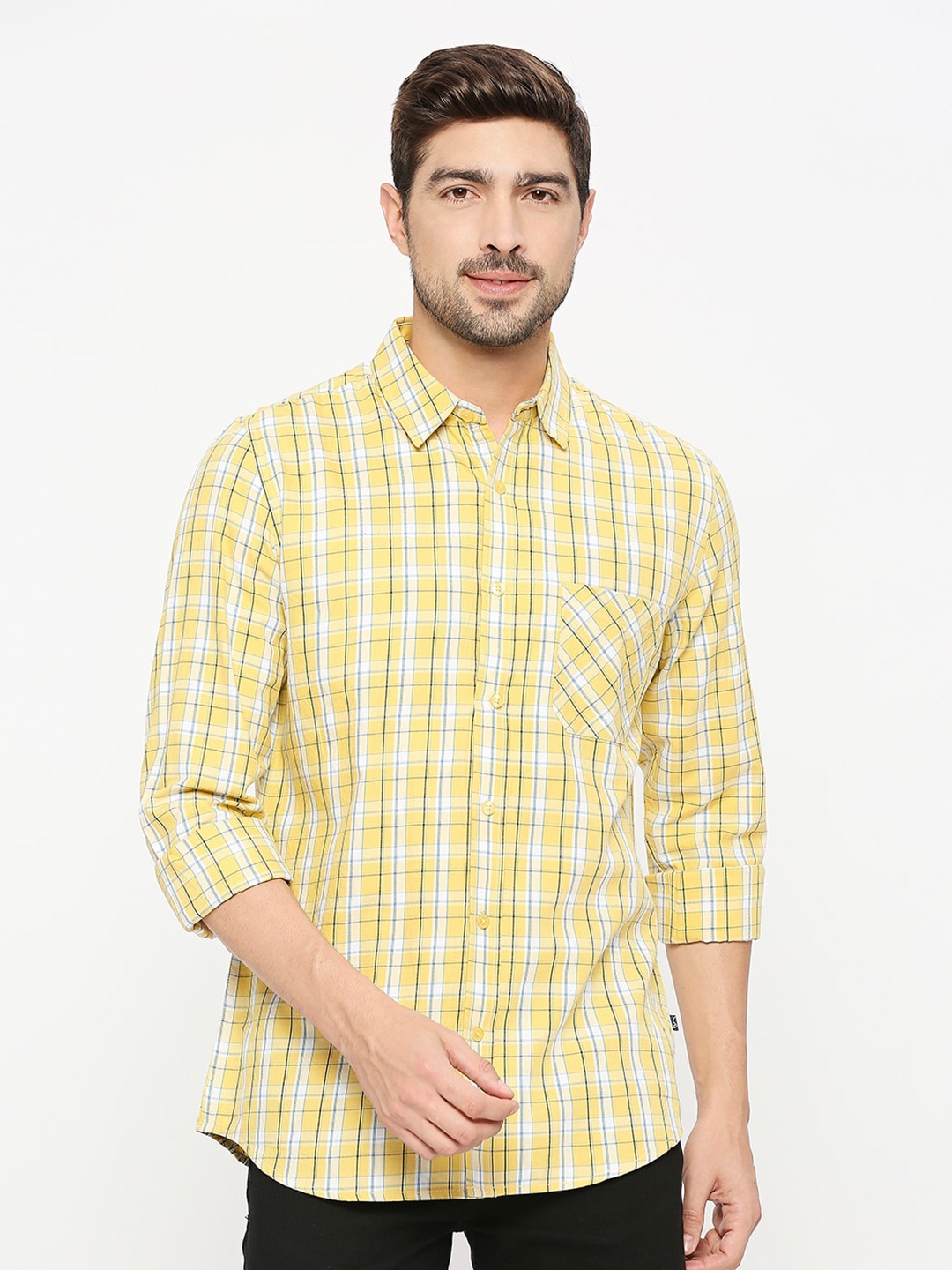 

Solemio Tartan Checked Spread Collar Twill Pure Cotton Slim Fit Casual Shirt, Yellow