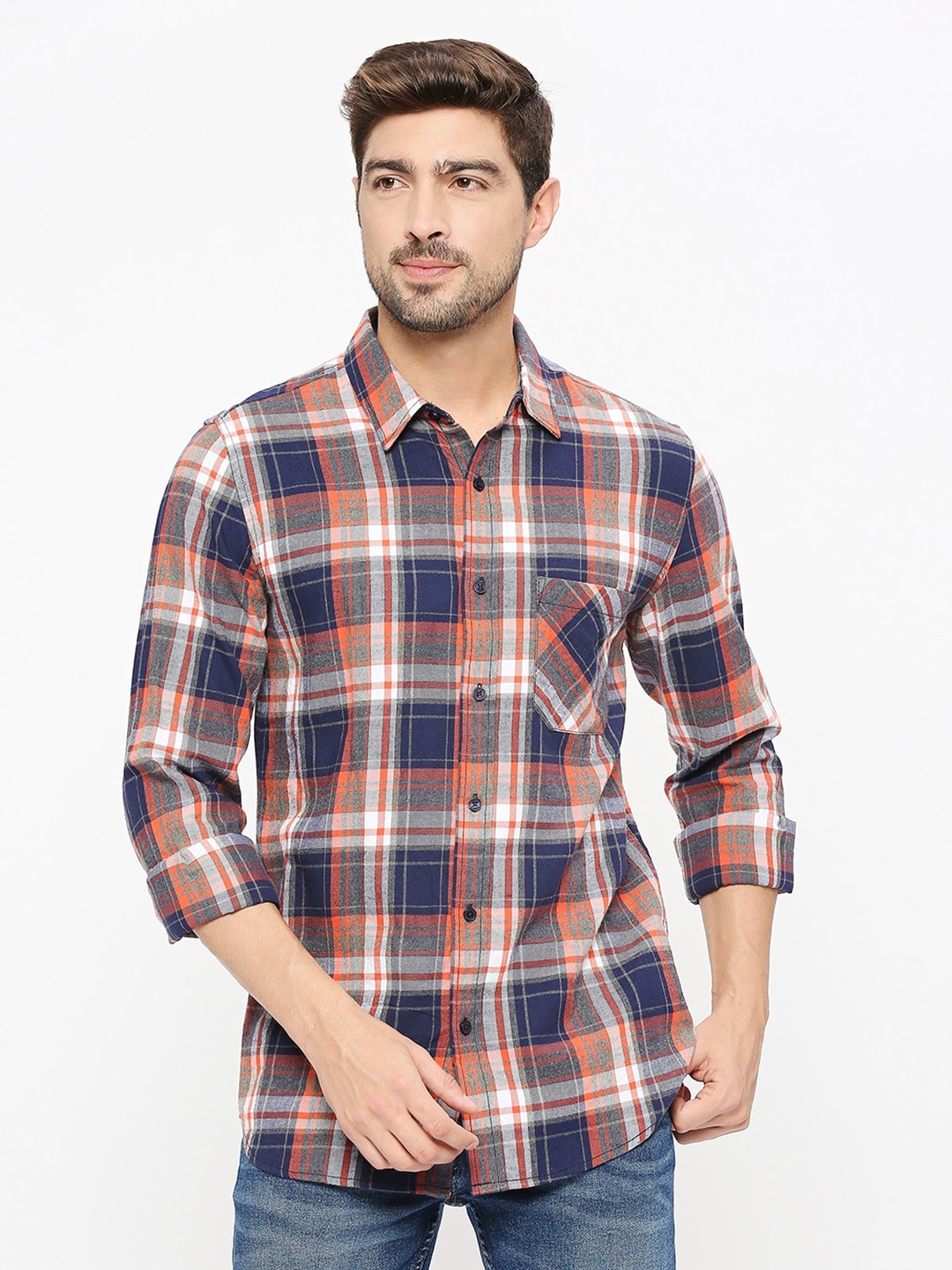 

Solemio Tartan Checked Spread Collar Twill Pure Cotton Slim Fit Casual Shirt, White