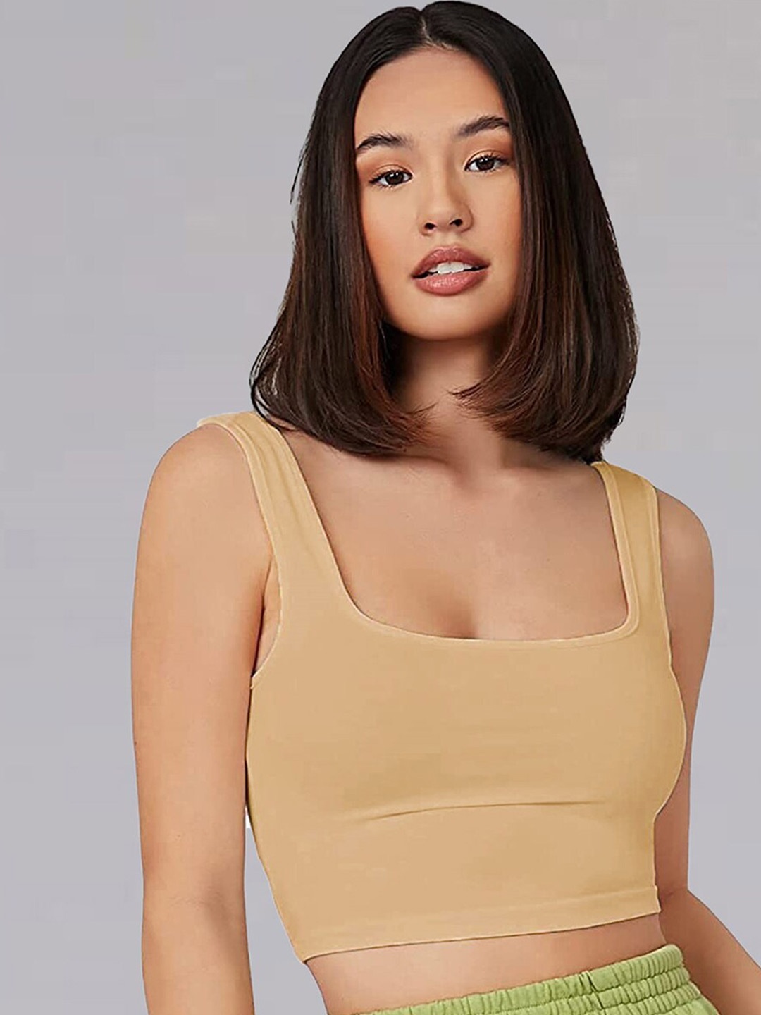 

Selvia Square Neck Sleeveless Fitted Crop Top, Beige