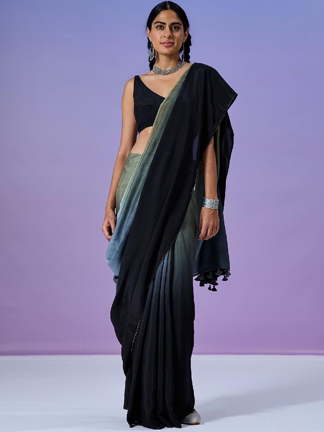 

OKHAI Ombre Silk Blend Saree With Tassle, Black