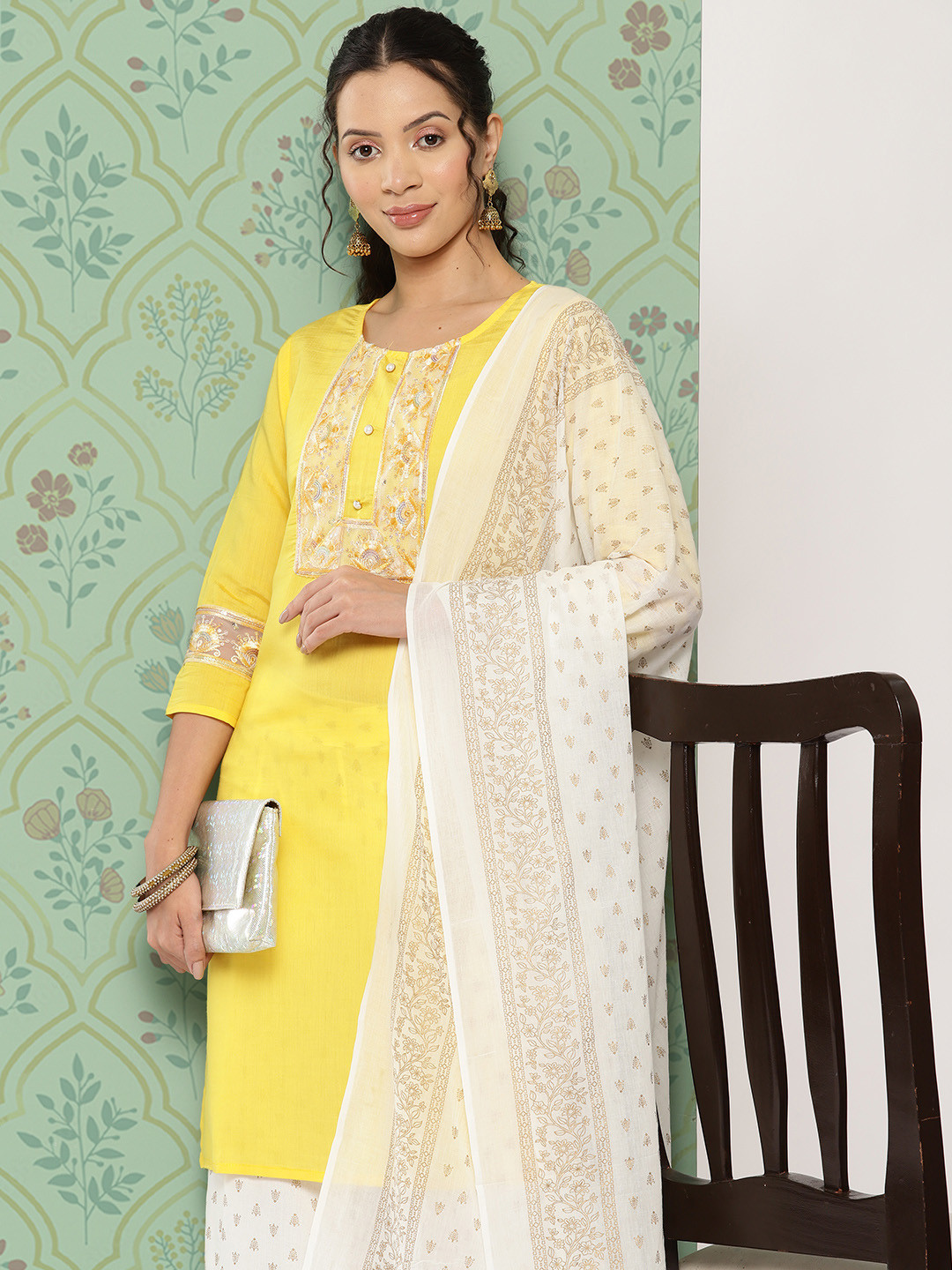 

Yufta Women Floral Embroidered Regular Sequinned Kurta with Palazzos & With Dupatta, Yellow
