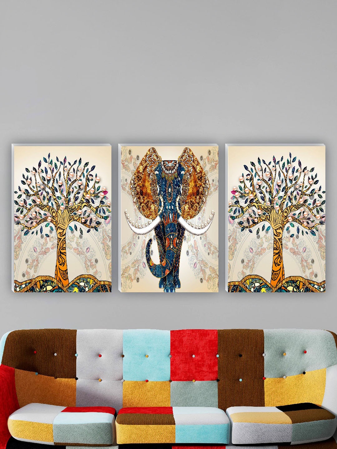 

SAF White & Beige 3 Pieces Elephant Painting Waterproof Wall Arts