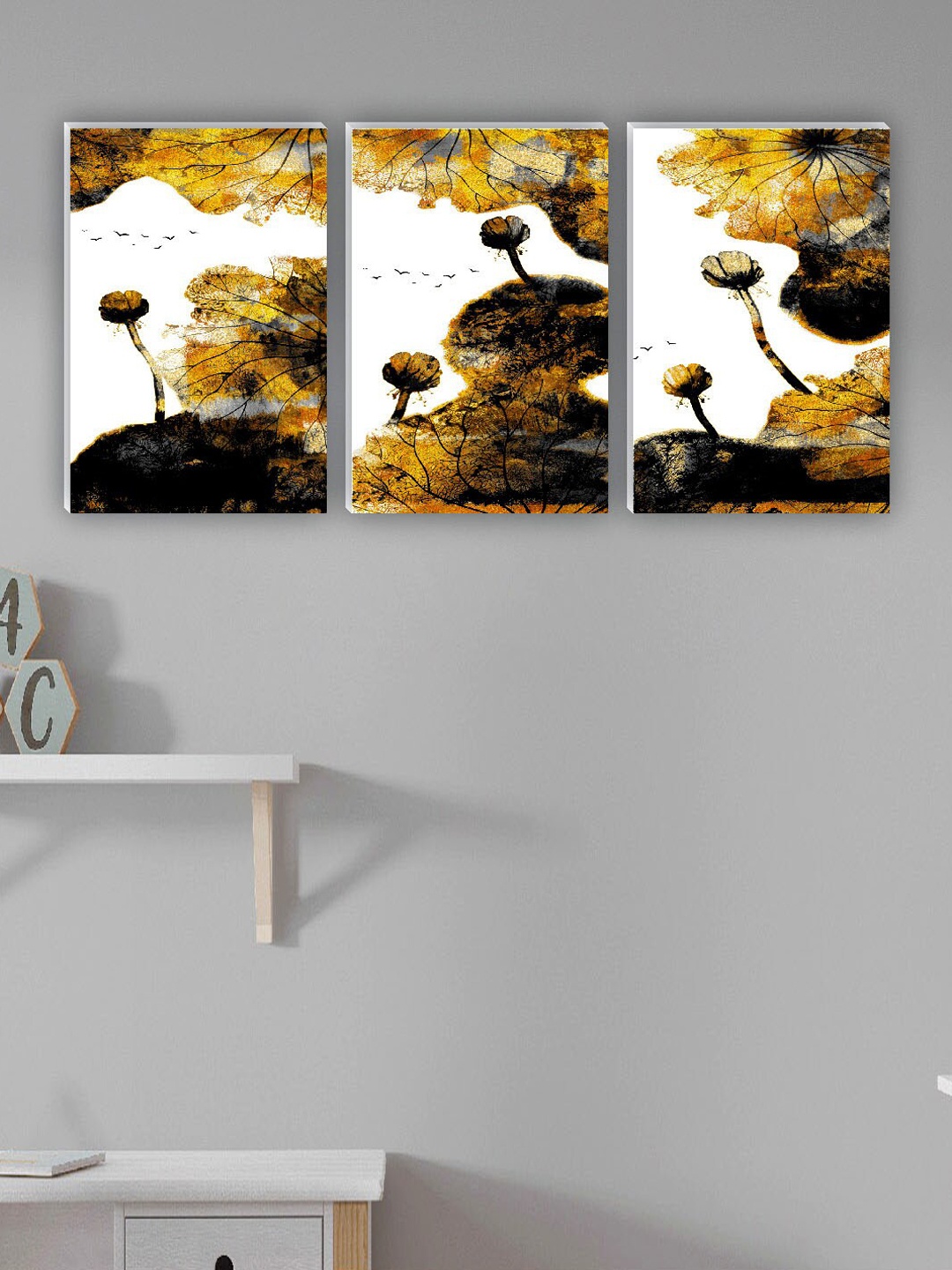 

SAF White & Yellow 3 Pieces Abstract Painting Waterproof Wall Arts