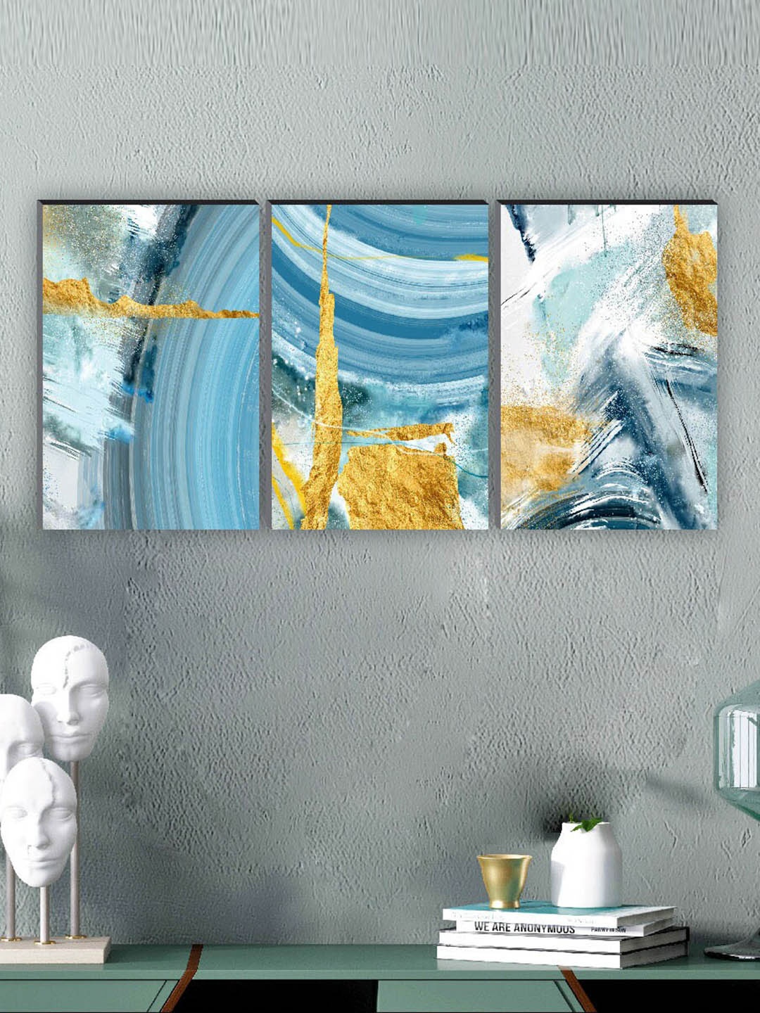 

SAF White & Blue 3 Pieces Abstract Painting Waterproof Wall Arts