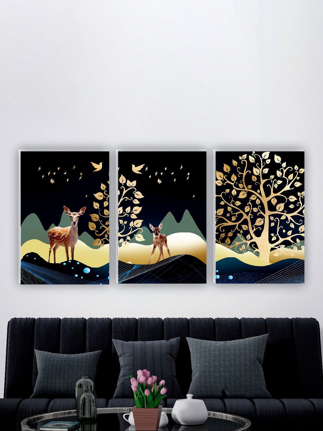 

SAF Black & Yellow 3 Pieces Deer Painting Waterproof Wall Arts