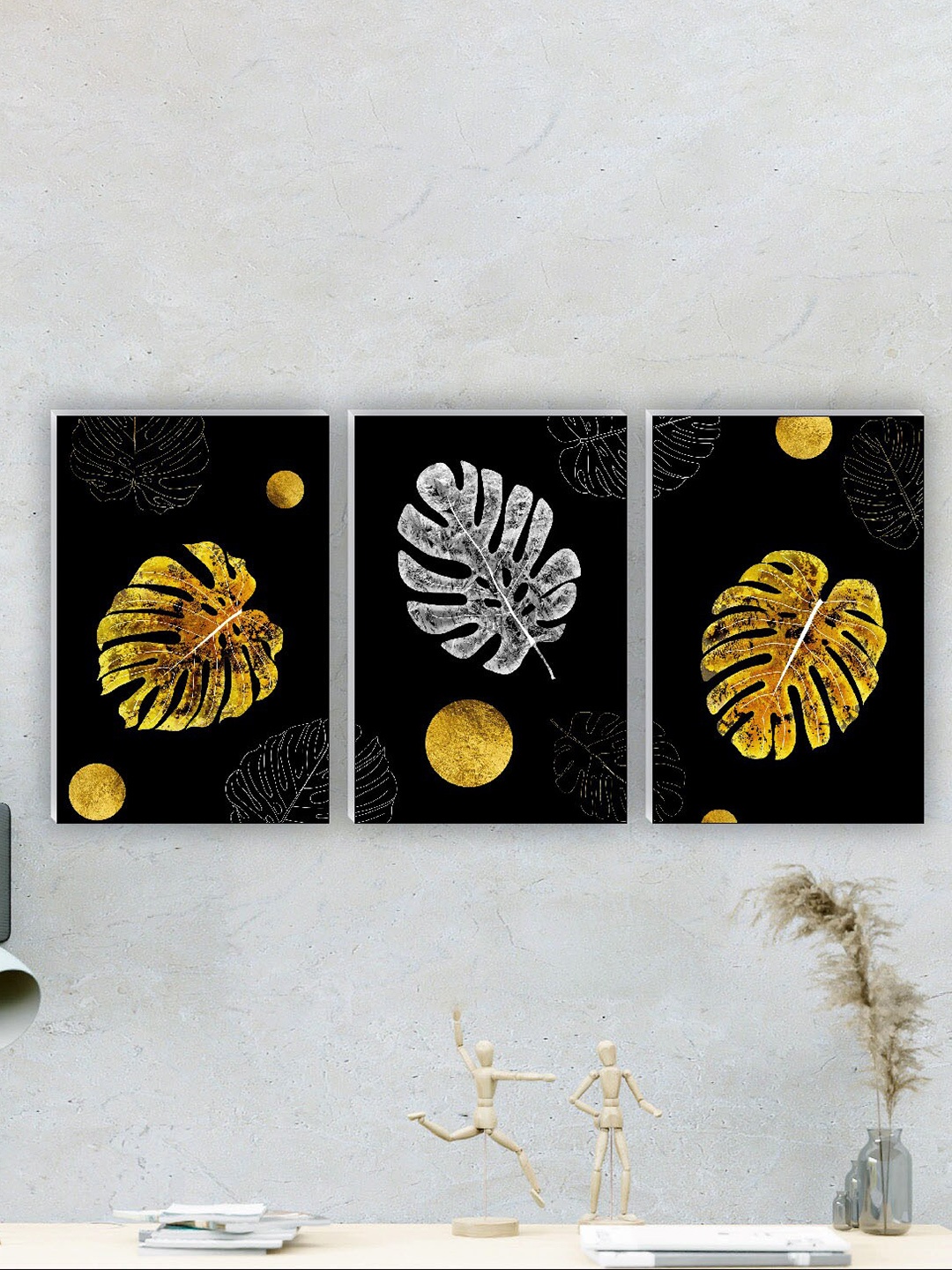 

SAF Black & Gold Toned 3 Pieces Leaves Painting Waterproof Wall Arts