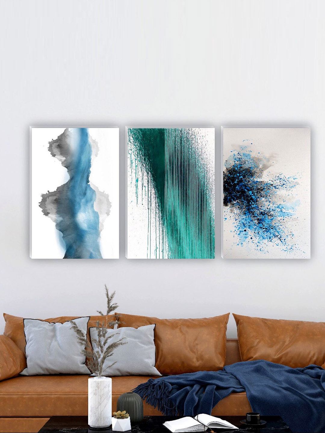 

SAF White & Blue 3 Pieces Abstract Painting Waterproof Wall Arts