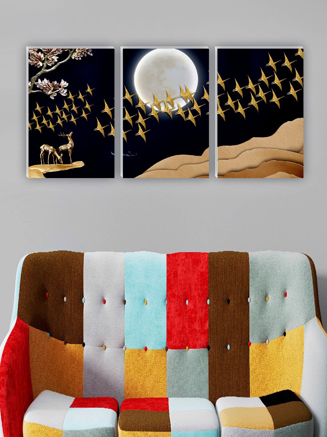 

SAF Black & White 3 Pieces Deer & Birds Painting Waterproof Wall Arts