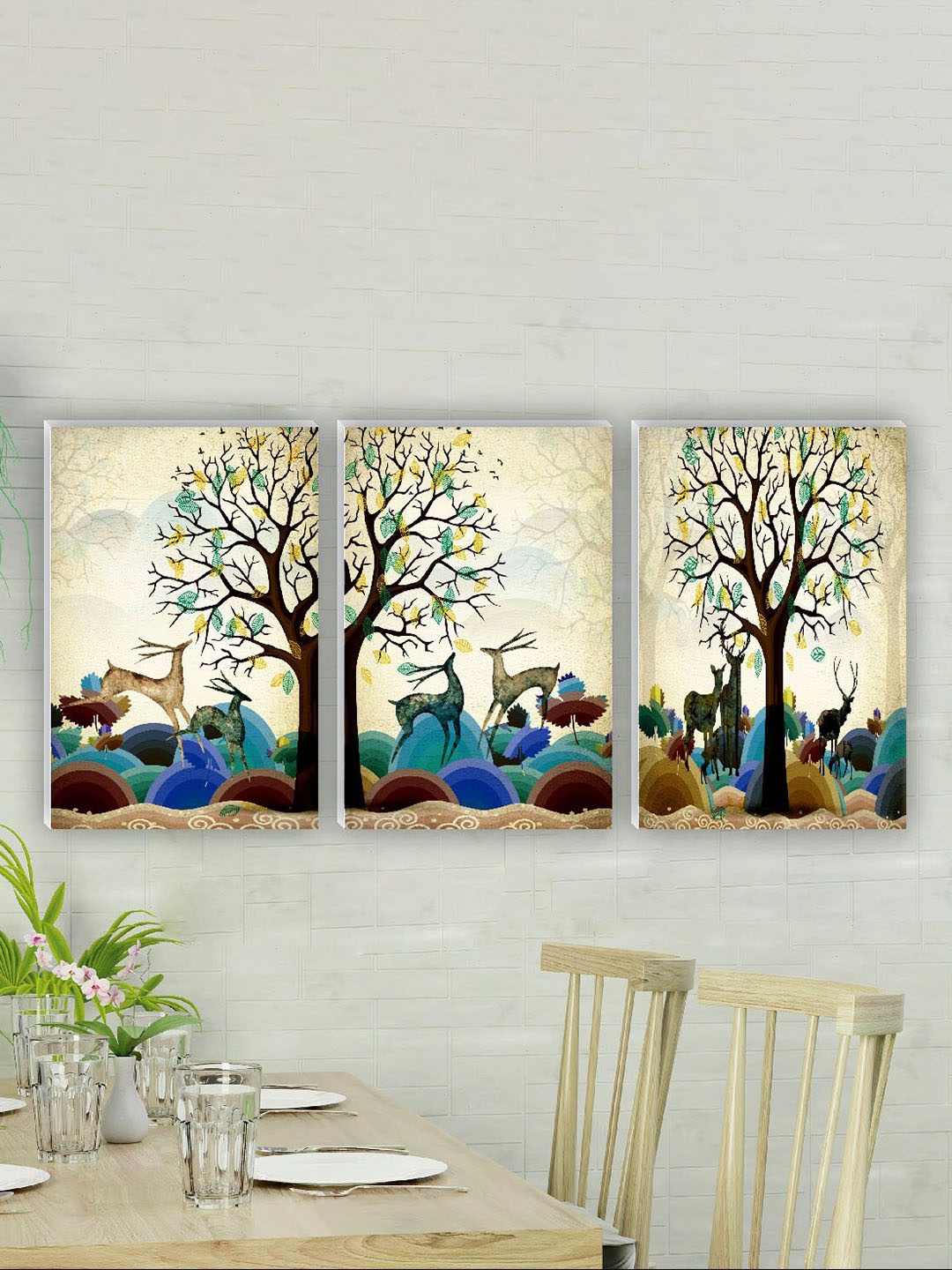 

SAF Beige & Blue 3 Pieces Deer Painting Waterproof Wall Arts