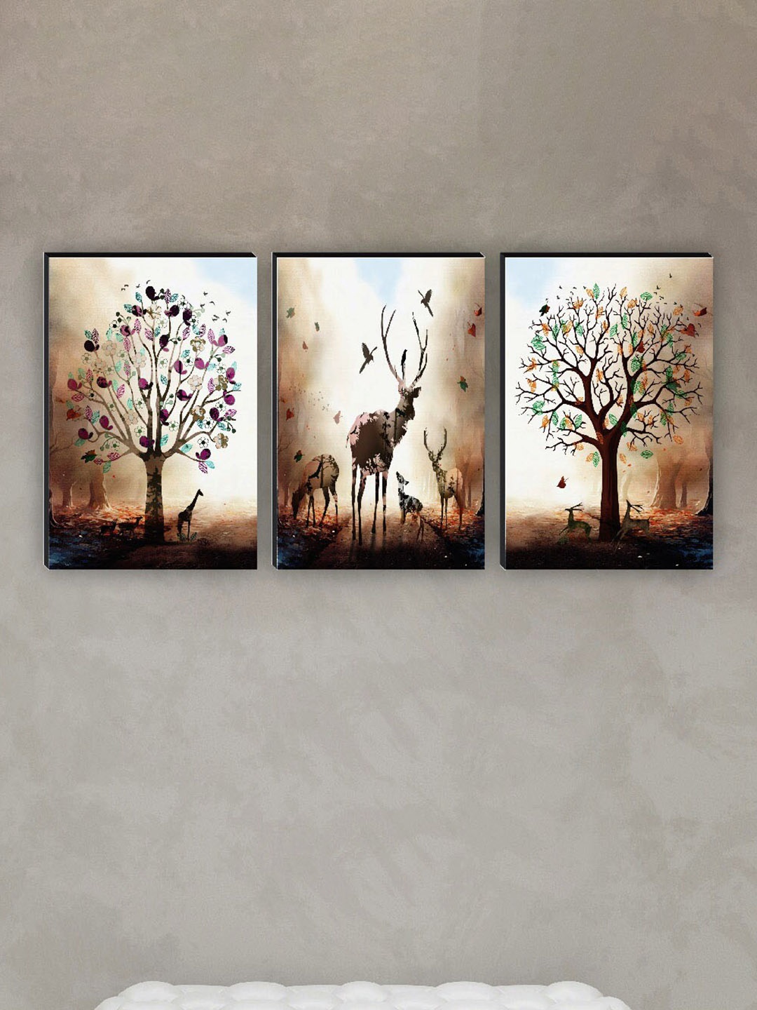 

SAF Brown & Black 3 Pieces Tree And Deer Painting Waterproof Wall Arts