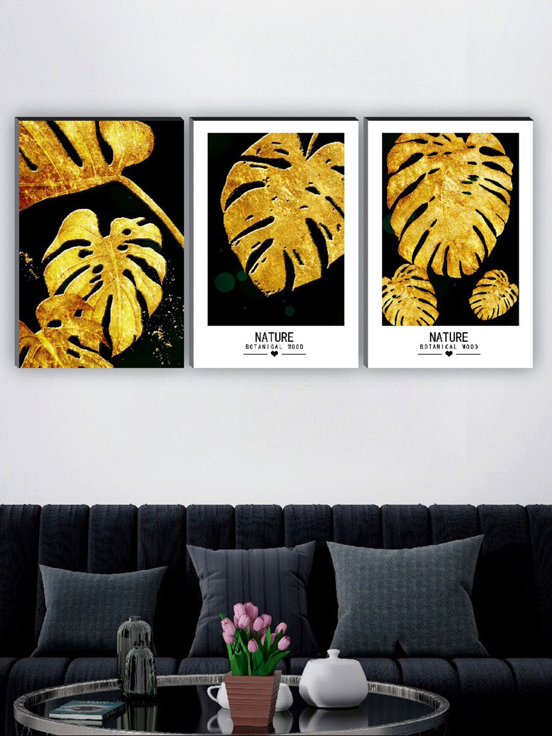 

SAF Black & Yellow 3 Pieces Tropical Leaves Painting Waterproof Wall Arts