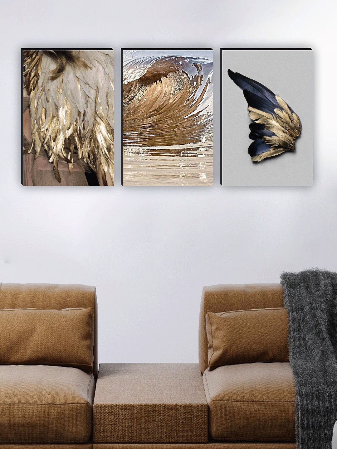 

SAF Beige & Black 3 Pieces Abstract Painting Waterproof Wall Arts