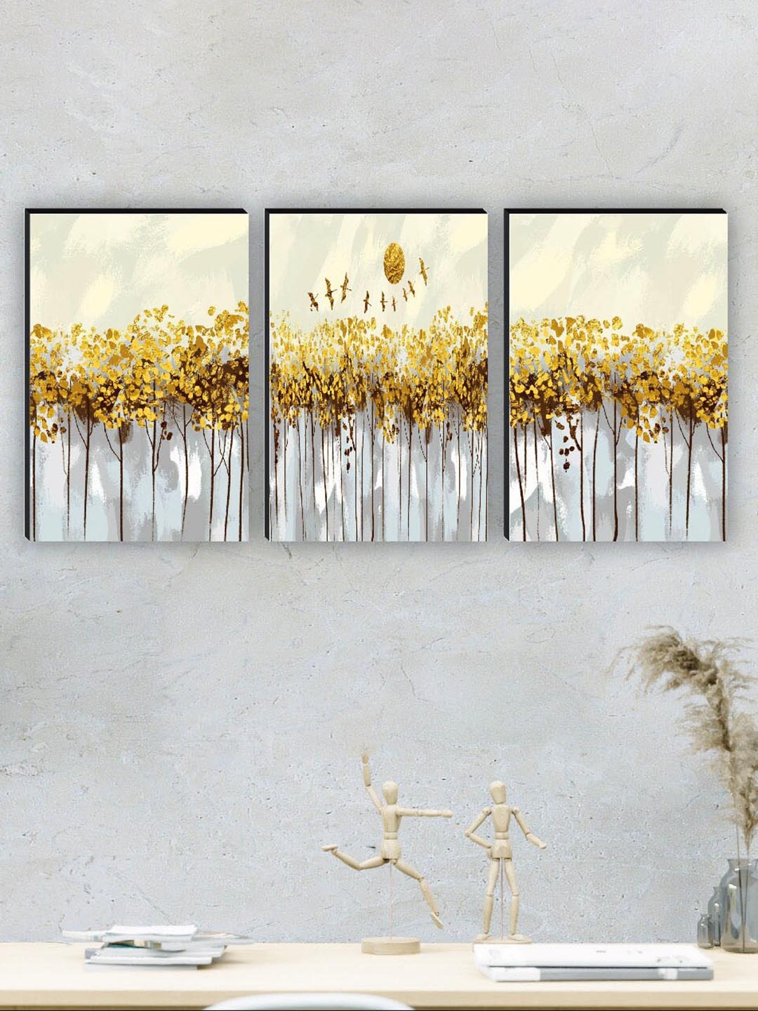 

SAF Yellow & Grey 3 Pieces Tree & Birds Painting Wall Art