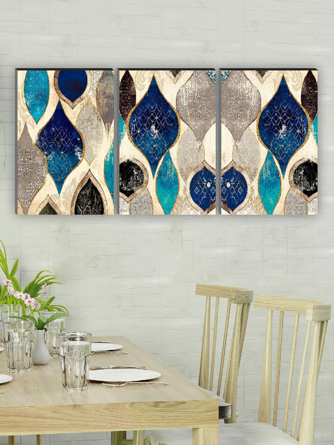 

SAF Beige & Blue 3 Pieces Abstract Painting Wall Art