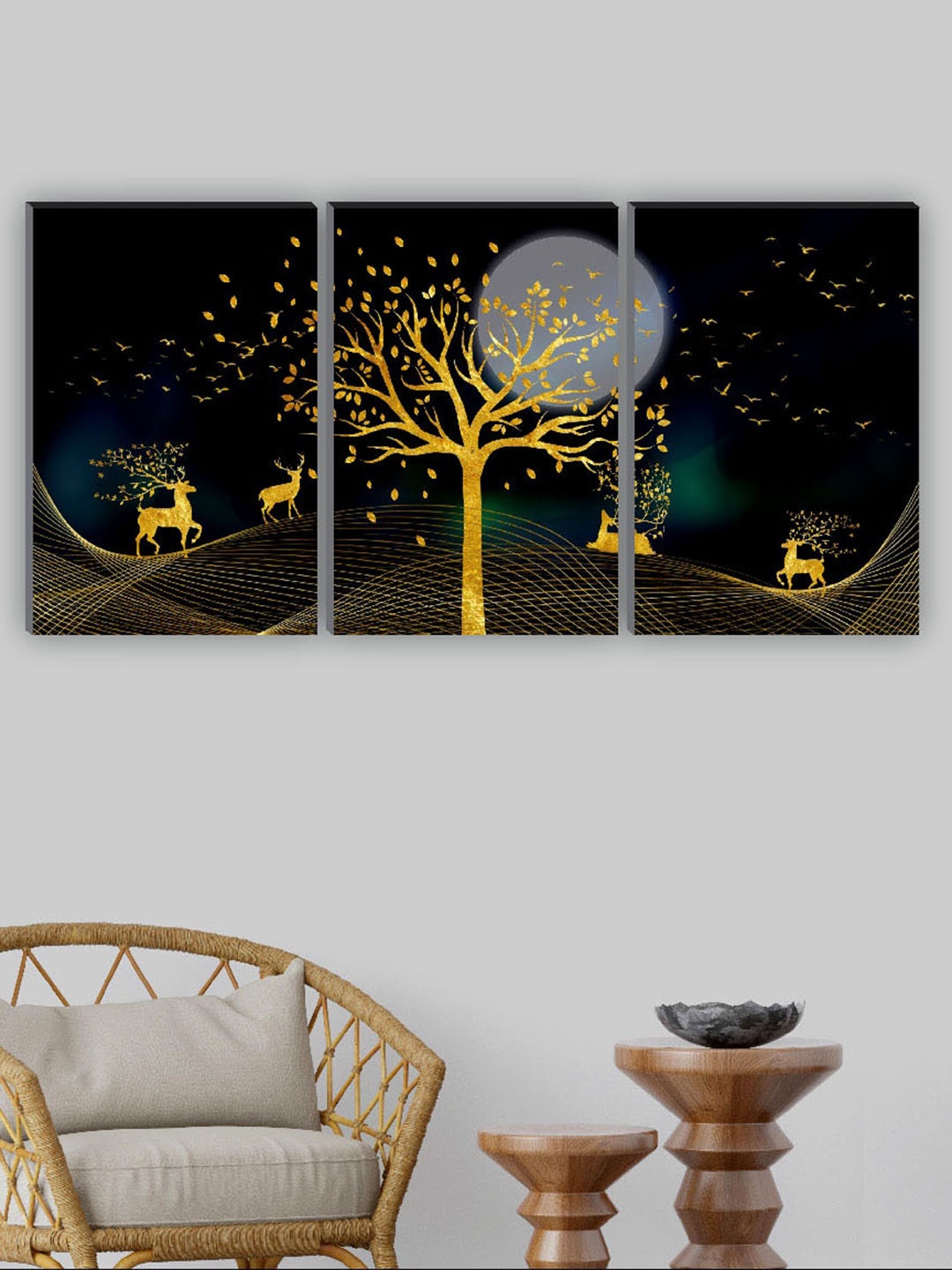 

SAF Black & Yellow 3 Pieces Tree & Deer Painting Wall Art