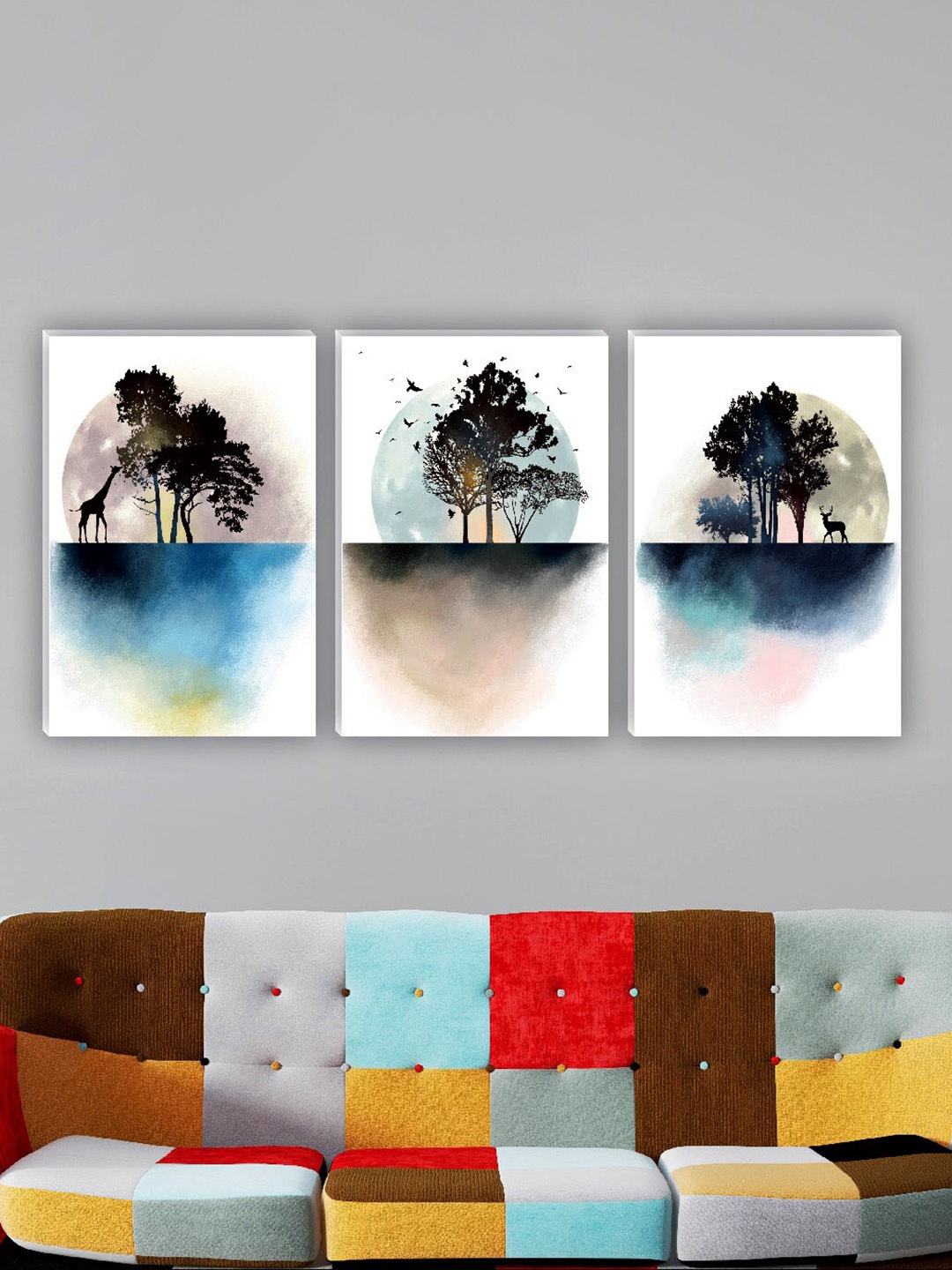 

SAF White & Black 3 Pieces Tree & Deer Painting Wall Art