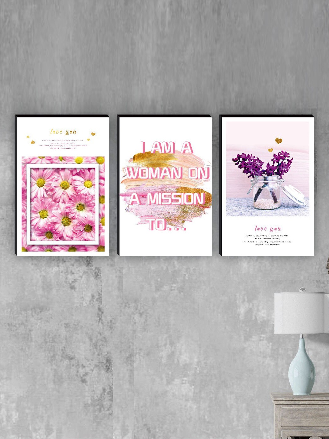 

SAF White & Pink 3 Pieces Feminist Woman Painting Wall Art