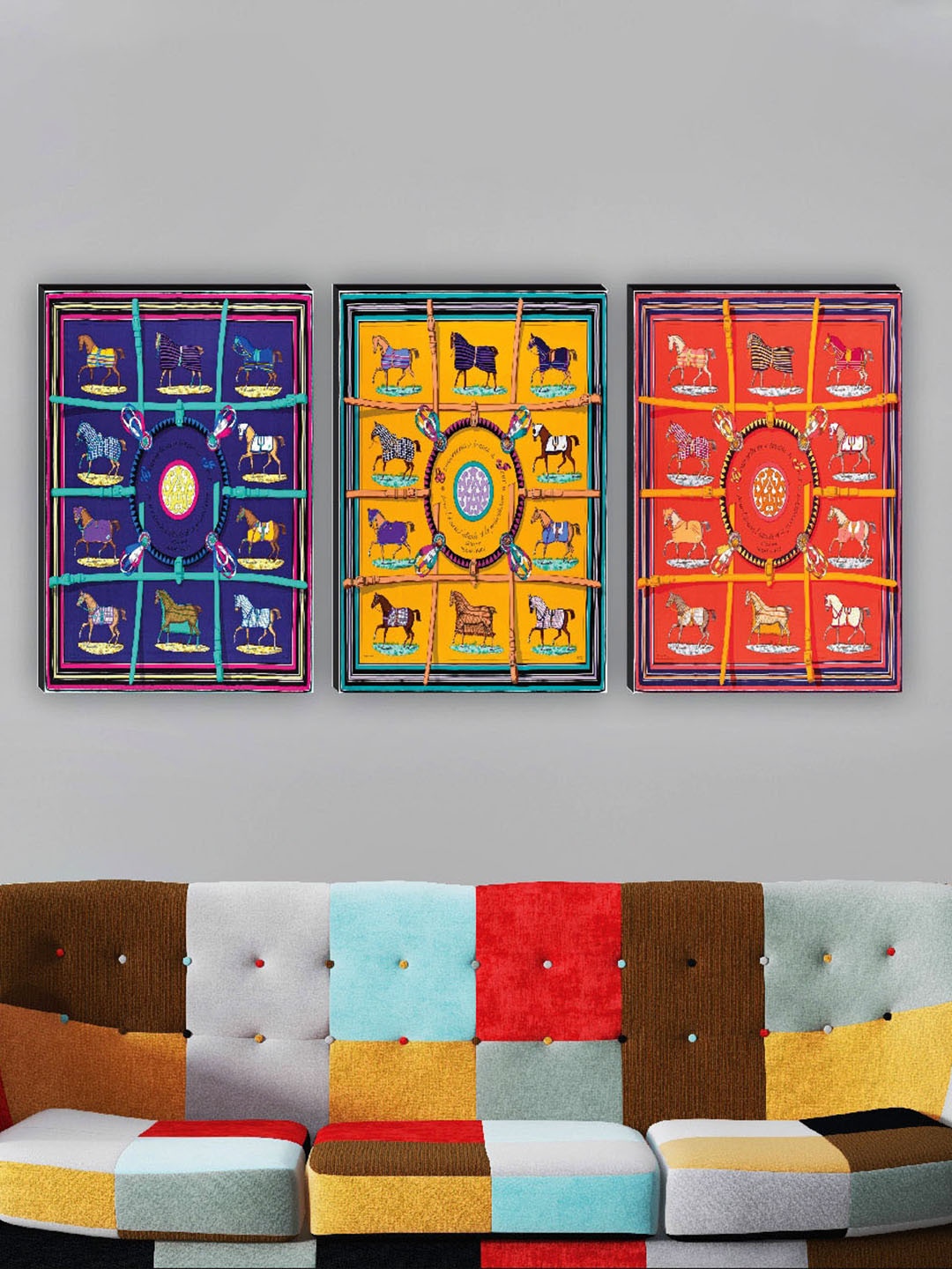

SAF Yellow & Red 3 Pieces Horse Painting Wall Art