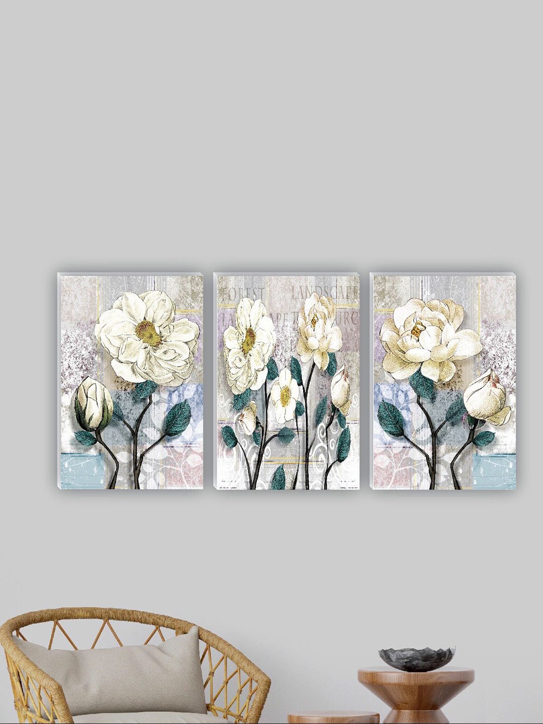 

SAF Green & Cream Colored 3 Pieces Flower Painting Wall Art