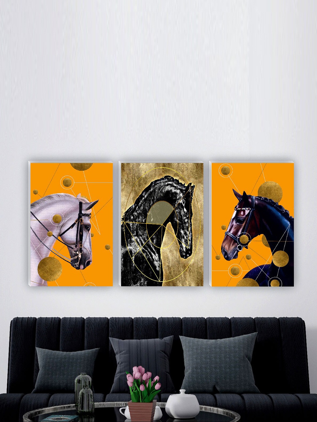 

SAF Yellow & Beige 3 Pieces Horse Painting Wall Art