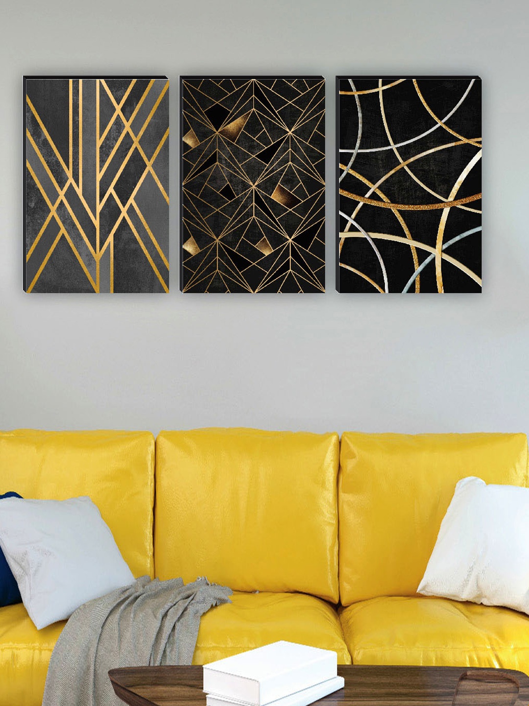 

SAF Black & Gold Toned 3 Pieces Abstract Wall Art Painting