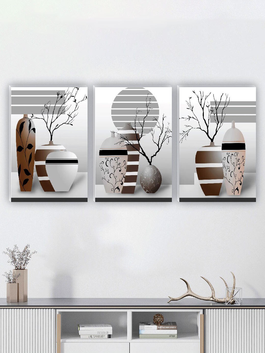 

SAF White & Black 3 Pieces Flower Pot Painting Wall Arts