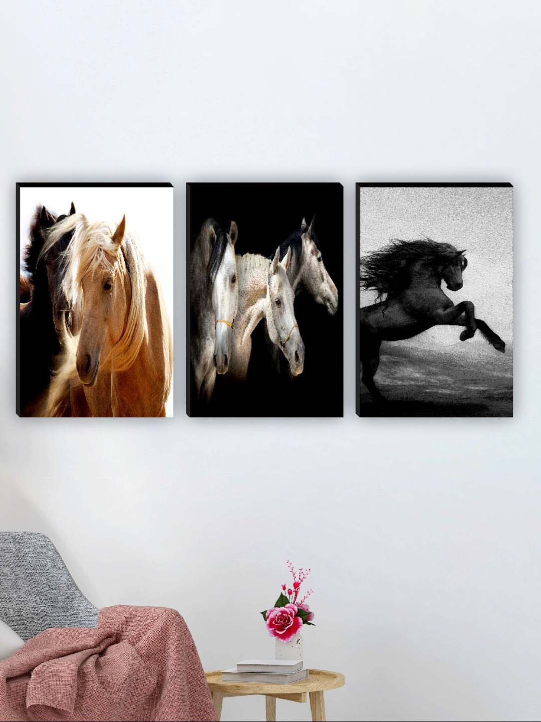 

SAF White & Black 3 Pieces Running Horse Wall Art Painting