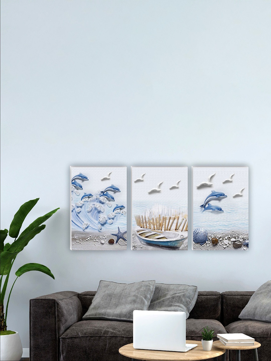 

SAF Grey & Blue 3 Pieces Sea & Fish Wall Art Painting