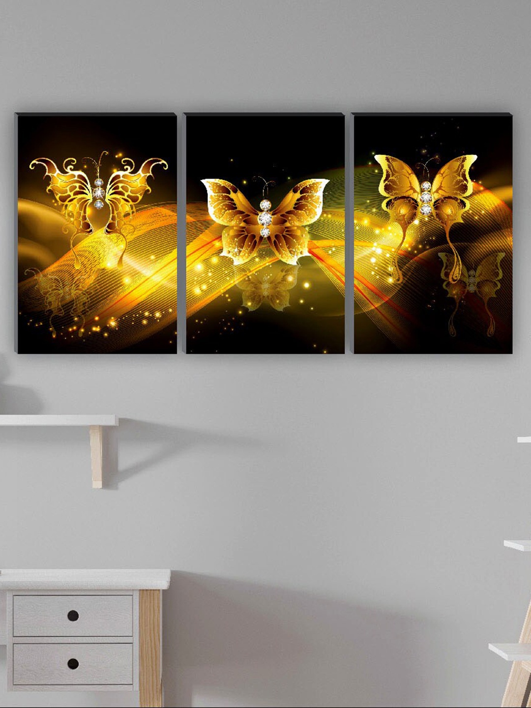 

SAF Black & Gold Toned 3 Pieces Golden Butterfly Wall Art Painting