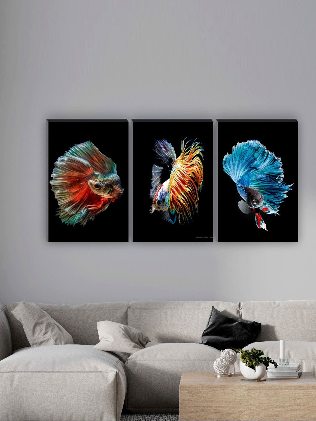 

SAF Black & Blue 3 Pieces Fish Matte Finish Wall Art