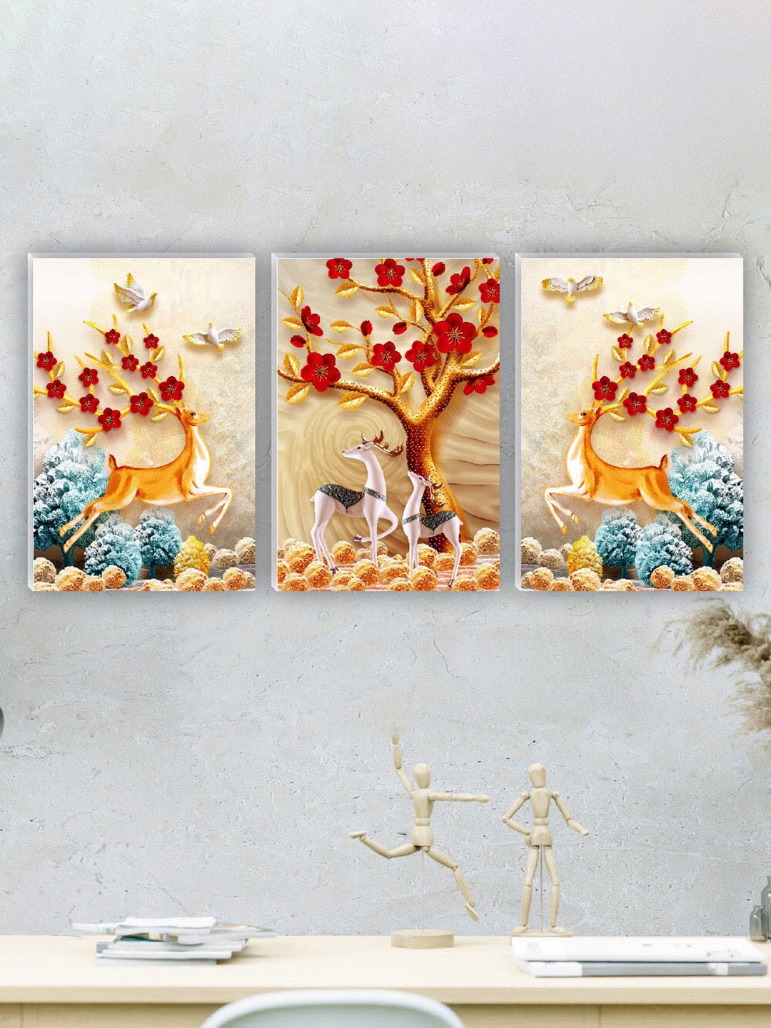 

SAF Beige & Blue 3 Pieces Deer & Tree Matte Finish Wall Art