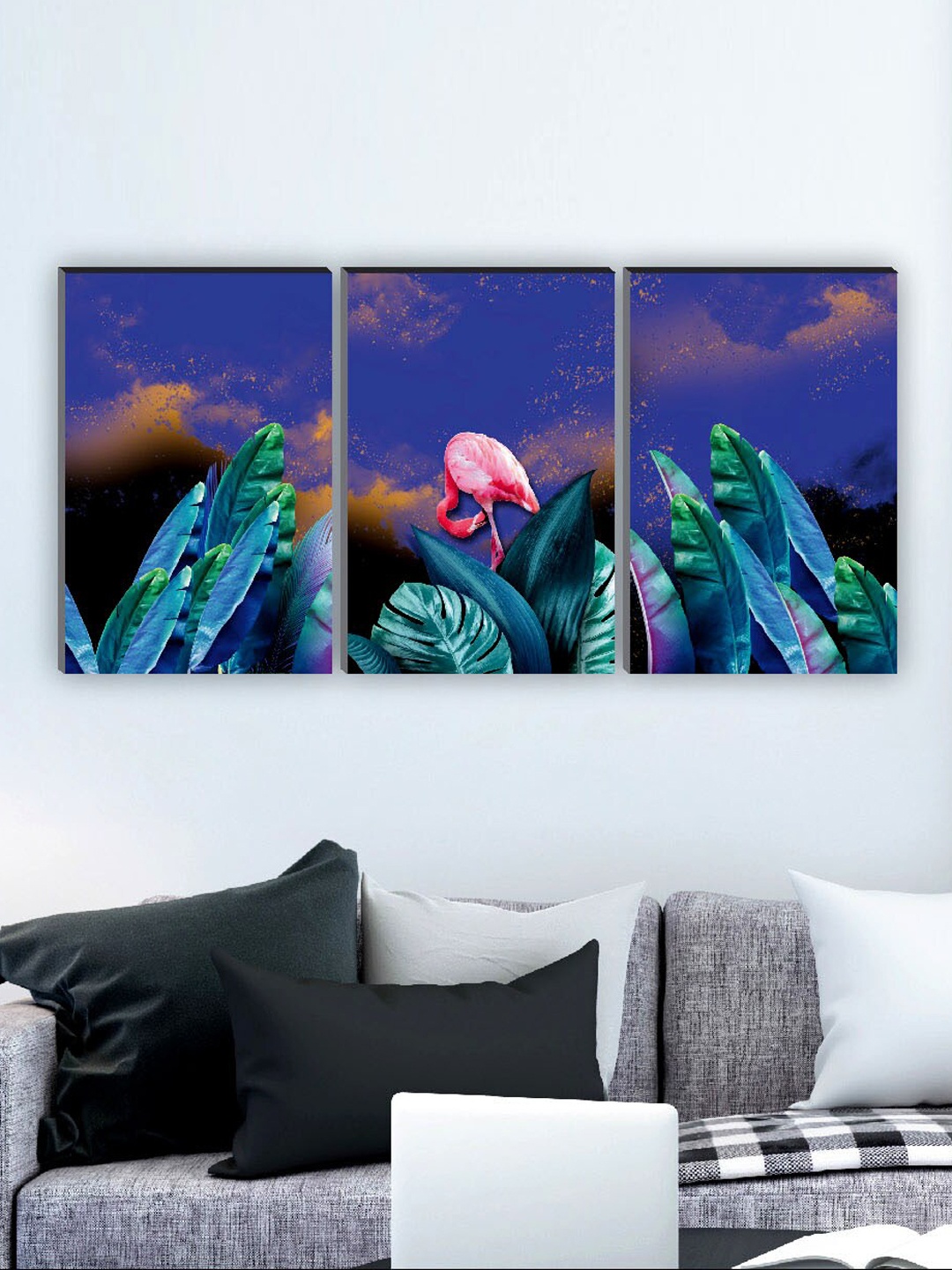 

SAF Blue & Green 3 Pieces Flamingo & Tropical Leaves Matte Finish Wall Art