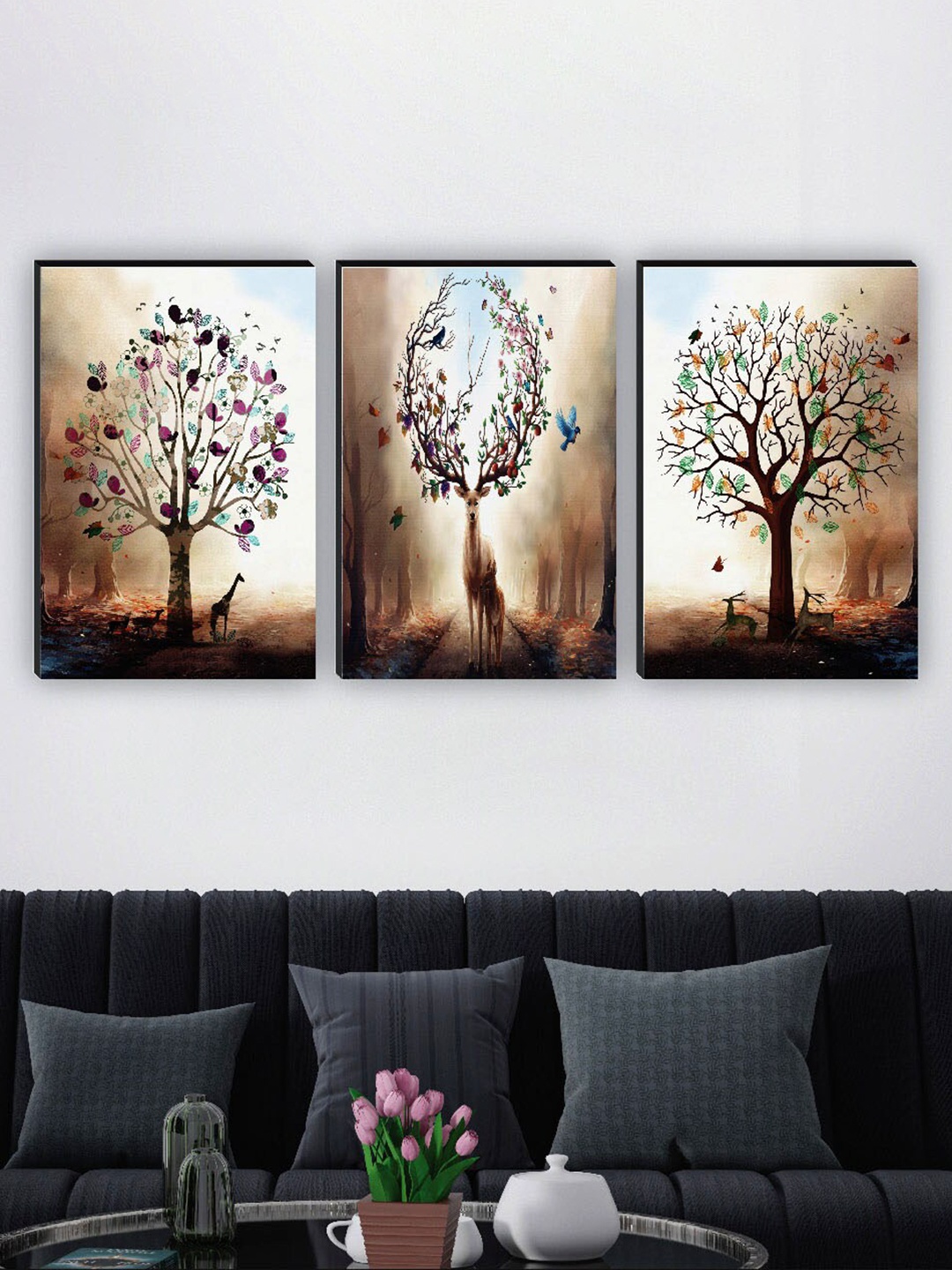 

SAF Beige & White 3 Pieces Tree & Deer Matte Finish Wall Art